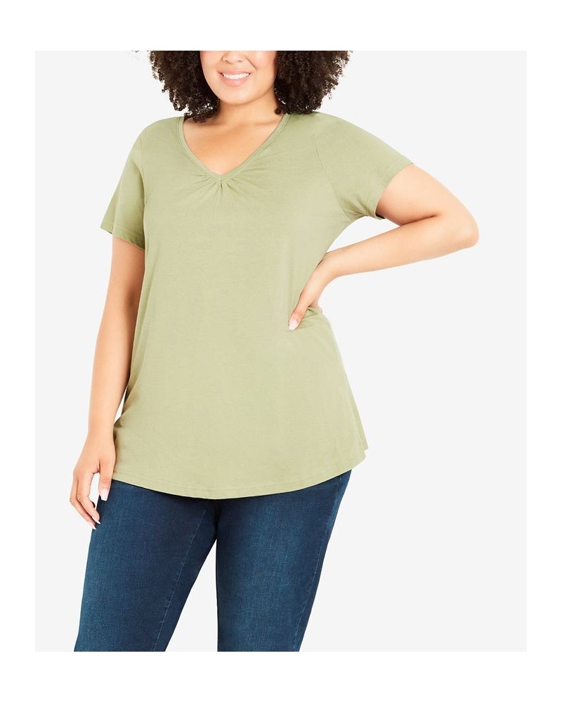 Plus Size Gathered V-neck Cotton Top Green $34.81 Tops