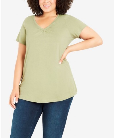 Plus Size Gathered V-neck Cotton Top Green $34.81 Tops