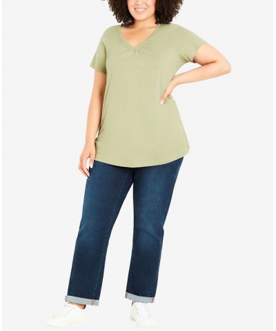 Plus Size Gathered V-neck Cotton Top Green $34.81 Tops