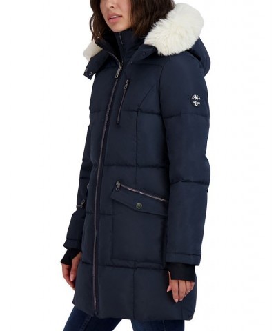 Women's Faux-Fur-Trim Hooded Puffer Coat Blue $86.00 Coats