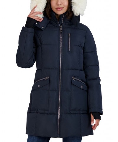 Women's Faux-Fur-Trim Hooded Puffer Coat Blue $86.00 Coats