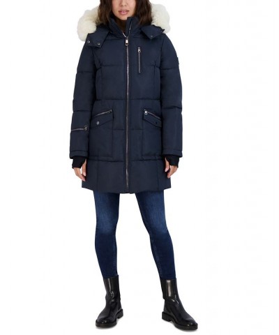 Women's Faux-Fur-Trim Hooded Puffer Coat Blue $86.00 Coats