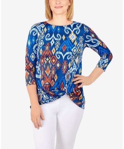 Plus Size Puff Print Ikat Top Blue $19.50 Tops