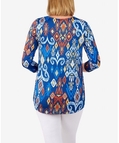 Plus Size Puff Print Ikat Top Blue $19.50 Tops