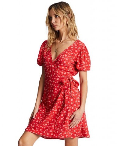 Juniors' Hot Tropics Mini Floral Wrap Dress Red $28.64 Dresses