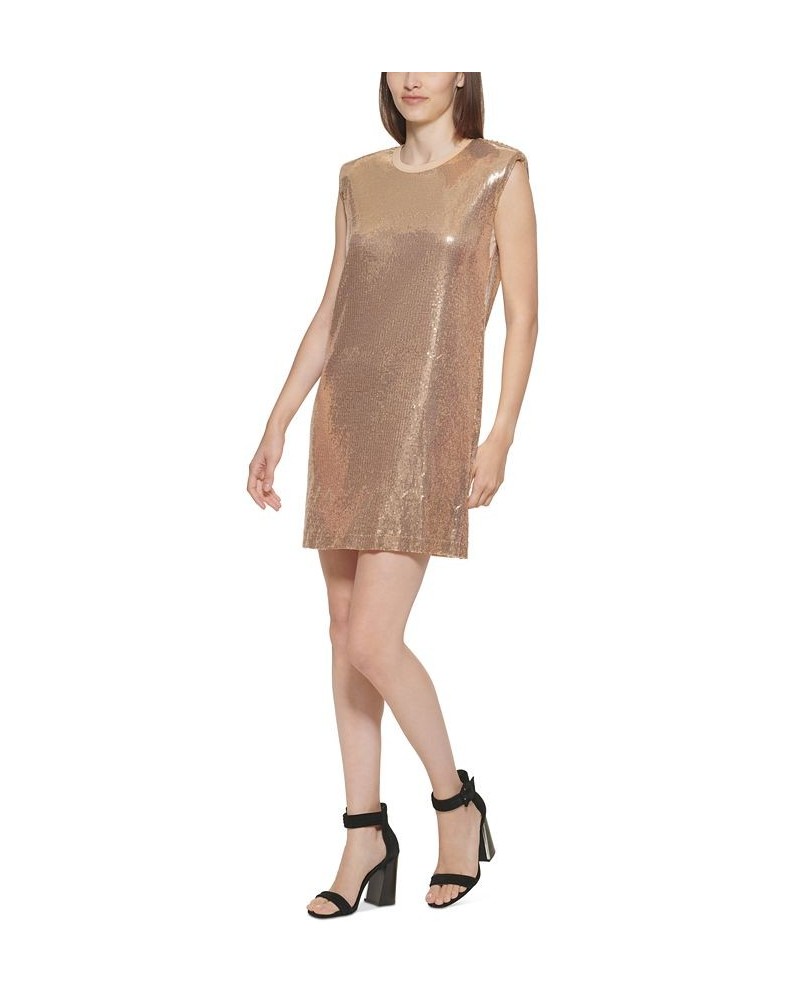 Sequined Sleeveless Shift Dress Tan/Beige $23.93 Dresses