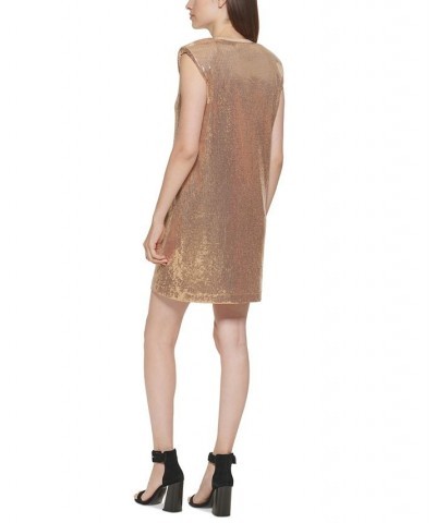 Sequined Sleeveless Shift Dress Tan/Beige $23.93 Dresses