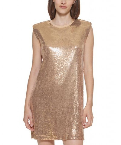 Sequined Sleeveless Shift Dress Tan/Beige $23.93 Dresses