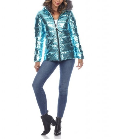 Women's Metallic Puffer Coat With Hoodie Green $37.06 Jackets