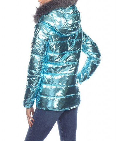 Women's Metallic Puffer Coat With Hoodie Green $37.06 Jackets