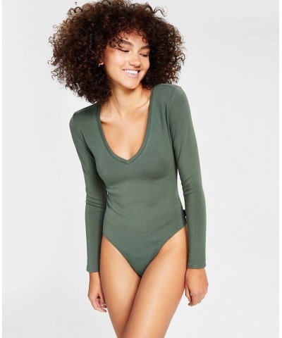 Women's Long-Sleeve V-Neck Bodysuit Green $12.78 Tops