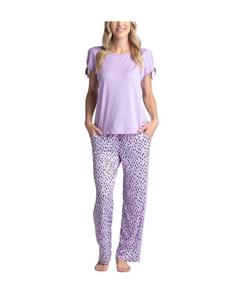 Women's Tie-Cuff Split-Sleeve Top & Open-Leg Pajama Pants Set Purple $23.78 Sleepwear