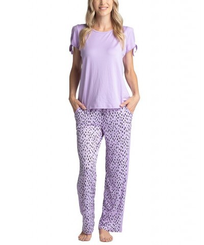 Women's Tie-Cuff Split-Sleeve Top & Open-Leg Pajama Pants Set Purple $23.78 Sleepwear