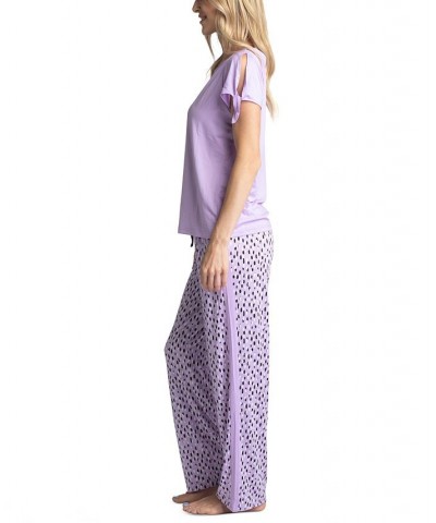 Women's Tie-Cuff Split-Sleeve Top & Open-Leg Pajama Pants Set Purple $23.78 Sleepwear