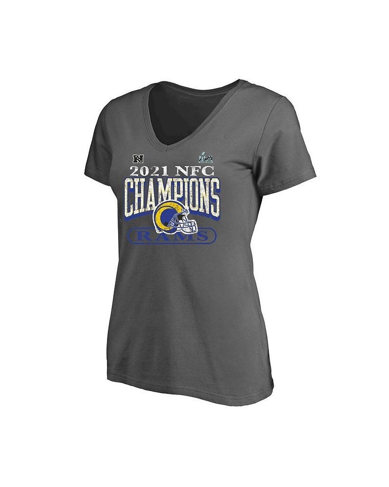 Women's Los Angeles Rams 2021 NFC Champions Plus Size Classic Play V-Neck T-shirt Heathered Charcoal $23.19 Tops