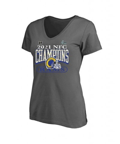 Women's Los Angeles Rams 2021 NFC Champions Plus Size Classic Play V-Neck T-shirt Heathered Charcoal $23.19 Tops