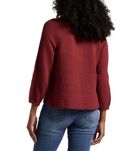 Women's Textured Henley Blouse Red $36.72 Tops