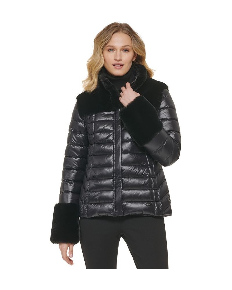 Women's Zip-Front Faux-Fur-Trimmed Puffer Jacket Black $59.52 Jackets