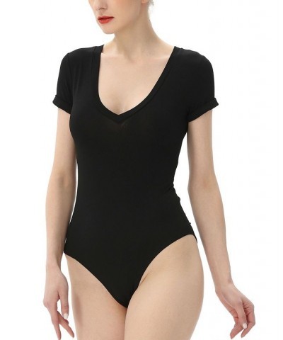 Women's V-neck Basic Bodysuit Top Black $25.48 Tops