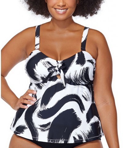 Plus Size Printed Calaya Tie-Front Zanzibar Keyhole Tankini Swim Top Black $35.72 Swimsuits