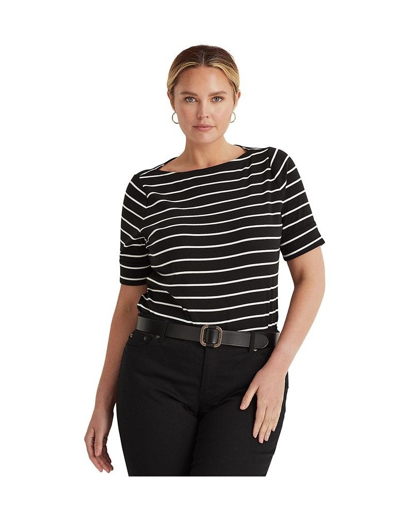 Plus Size Striped Cotton Boatneck T-Shirt Black $28.56 Tops