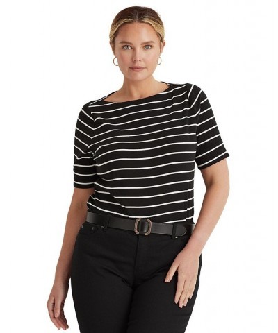 Plus Size Striped Cotton Boatneck T-Shirt Black $28.56 Tops