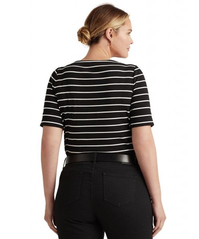 Plus Size Striped Cotton Boatneck T-Shirt Black $28.56 Tops