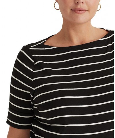 Plus Size Striped Cotton Boatneck T-Shirt Black $28.56 Tops