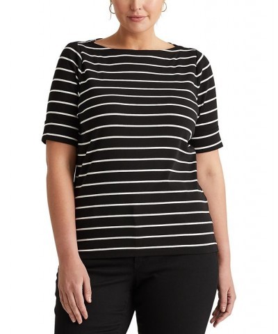 Plus Size Striped Cotton Boatneck T-Shirt Black $28.56 Tops