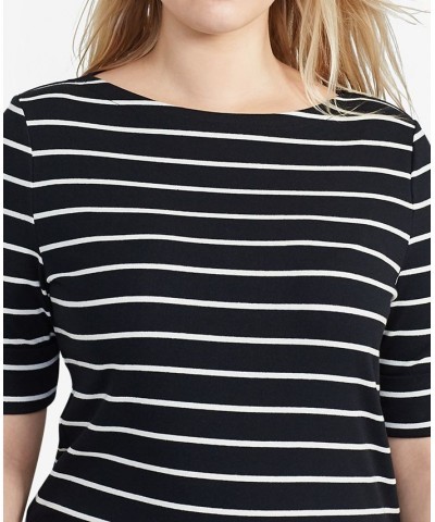 Plus Size Striped Cotton Boatneck T-Shirt Black $28.56 Tops