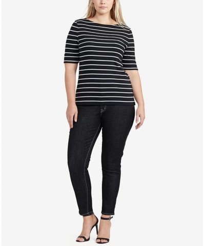 Plus Size Striped Cotton Boatneck T-Shirt Black $28.56 Tops