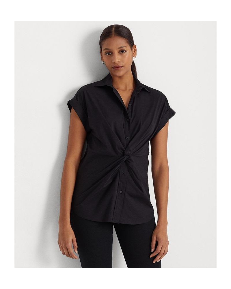 Women's Twist-Front Cotton Short-Sleeve Shirt Black $48.18 Tops