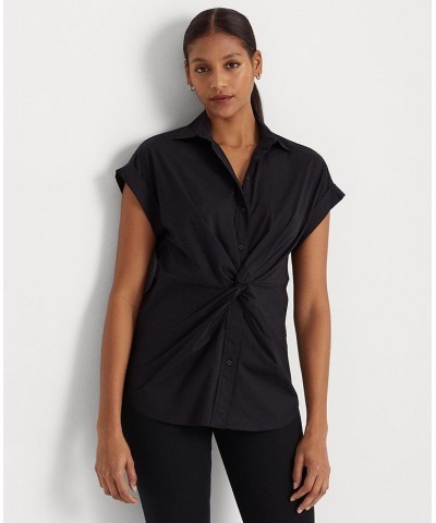 Women's Twist-Front Cotton Short-Sleeve Shirt Black $48.18 Tops