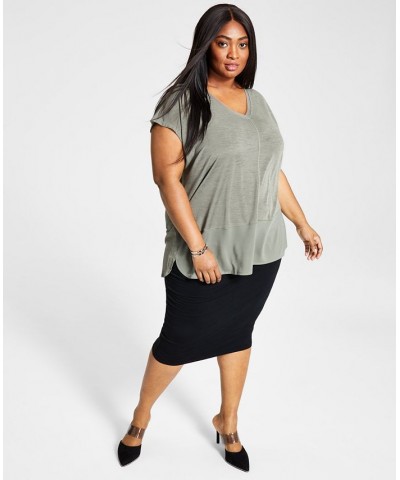 Trendy Plus Size Mixed-Media Top Dusty Olive $15.17 Tops