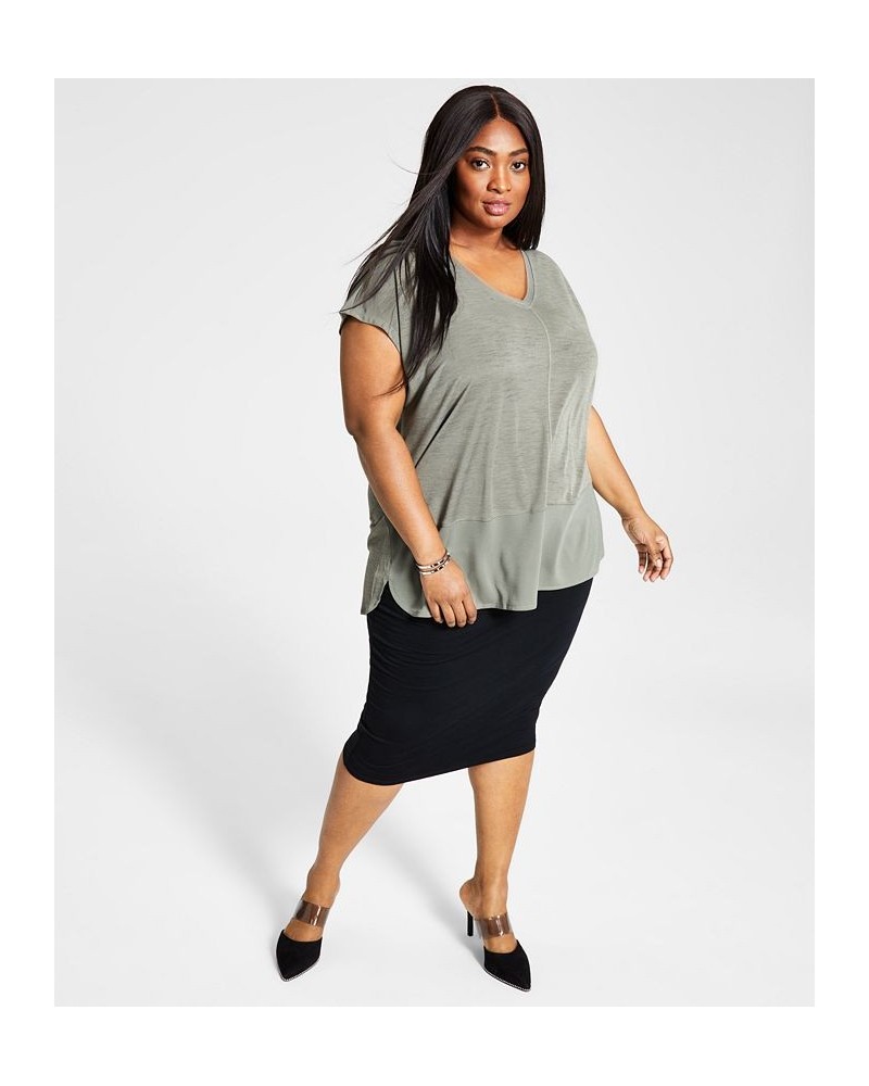 Trendy Plus Size Mixed-Media Top Dusty Olive $15.17 Tops