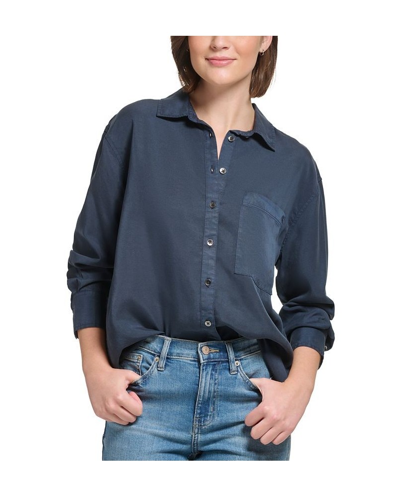 Women's Button-Front Boyfriend Shirt Blue $21.89 Tops