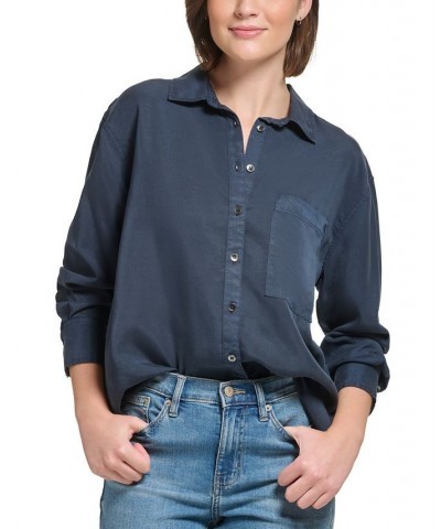 Women's Button-Front Boyfriend Shirt Blue $21.89 Tops