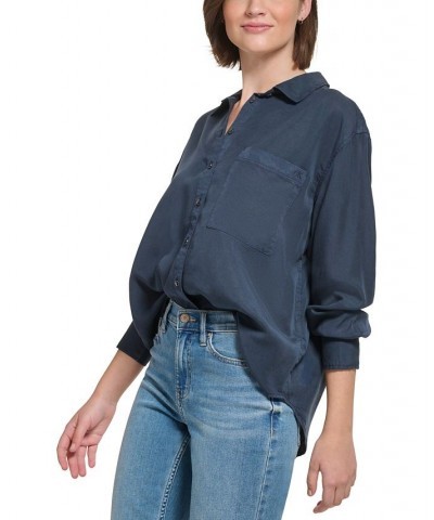 Women's Button-Front Boyfriend Shirt Blue $21.89 Tops