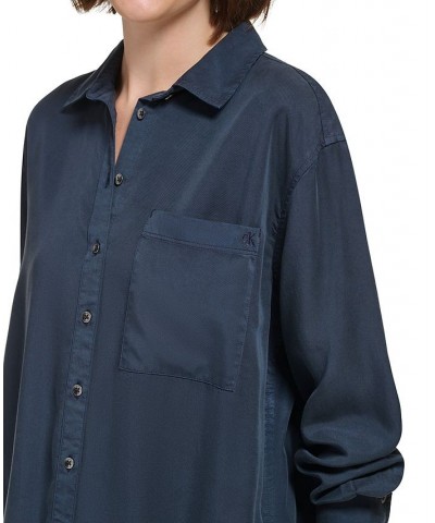 Women's Button-Front Boyfriend Shirt Blue $21.89 Tops