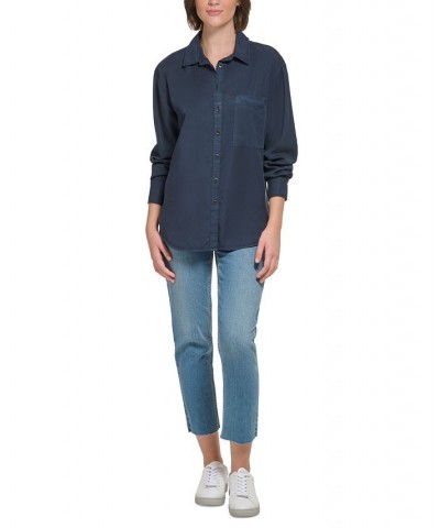 Women's Button-Front Boyfriend Shirt Blue $21.89 Tops