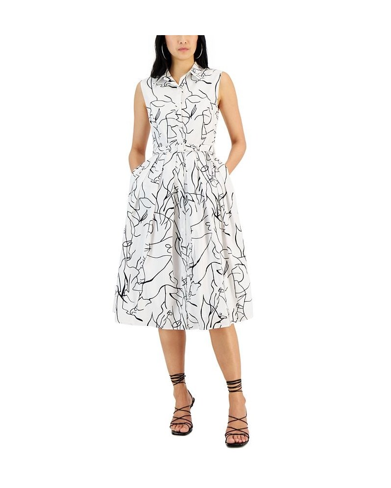 Women's Printed Sleeveless Belted Midi Dress Black & White Linear $67.20 Dresses