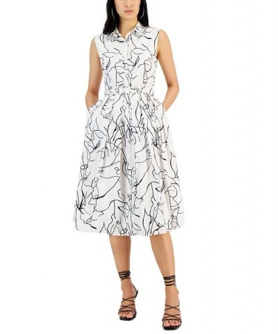 Women's Printed Sleeveless Belted Midi Dress Black & White Linear $67.20 Dresses