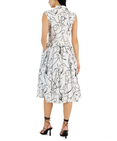 Women's Printed Sleeveless Belted Midi Dress Black & White Linear $67.20 Dresses