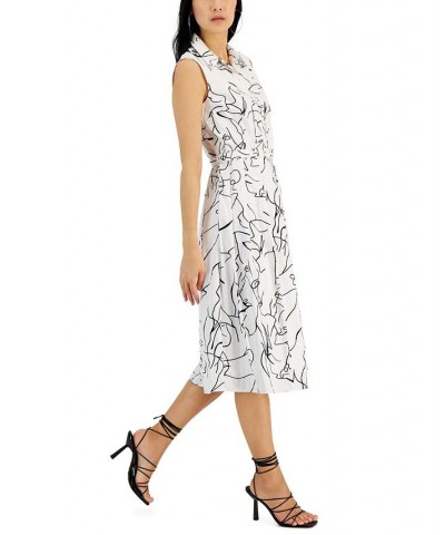 Women's Printed Sleeveless Belted Midi Dress Black & White Linear $67.20 Dresses