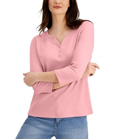 Petite 3/4-Sleeve Henley Shirt Strawberry Pink $10.82 Tops