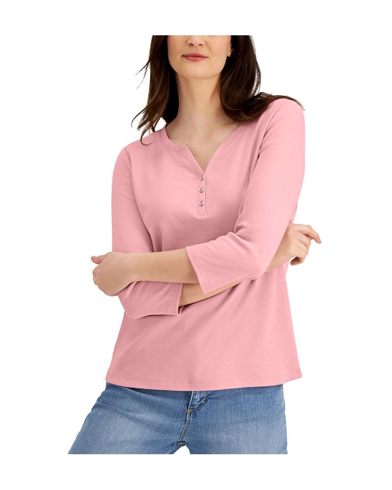 Petite 3/4-Sleeve Henley Shirt Strawberry Pink $10.82 Tops