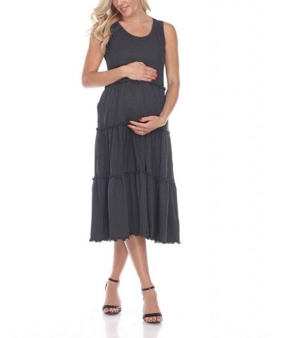 Women's Maternity Scoop Neck Tiered Midi Dress Gray $32.64 Dresses