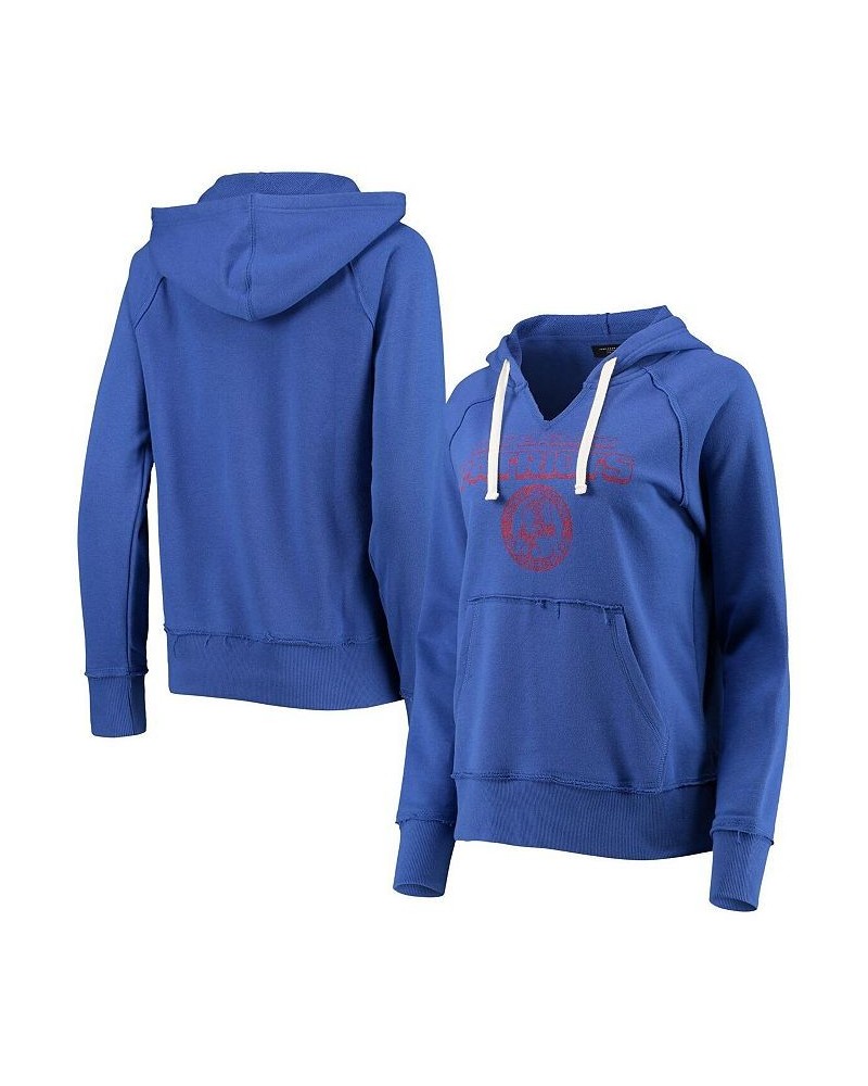 Women's Royal New England Patriots Raw Edge Raglan Notch Neck Pullover Hoodie Blue $44.10 Sweatshirts